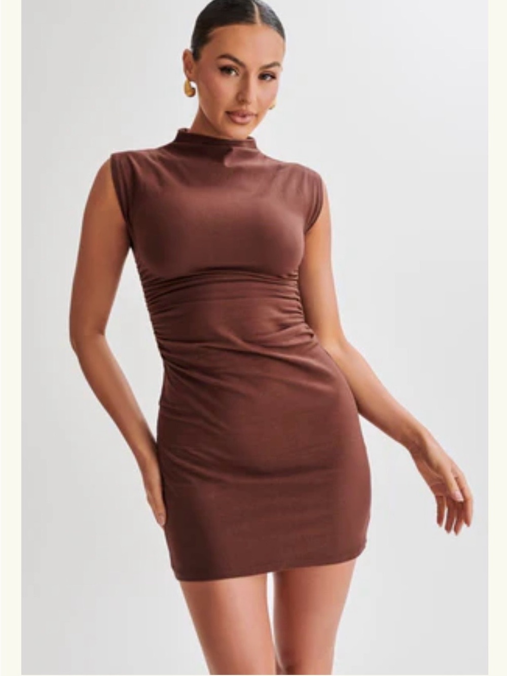 Meshki Chocolate Brown Mock Neck Ruched Mini Dress